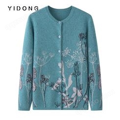 4色可选中国风加厚毛衣外套冬 女士圆领双提中式羊毛针织花朵开衫