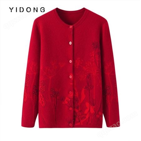 4色可选中国风加厚毛衣外套冬 女士圆领双提中式羊毛针织花朵开衫